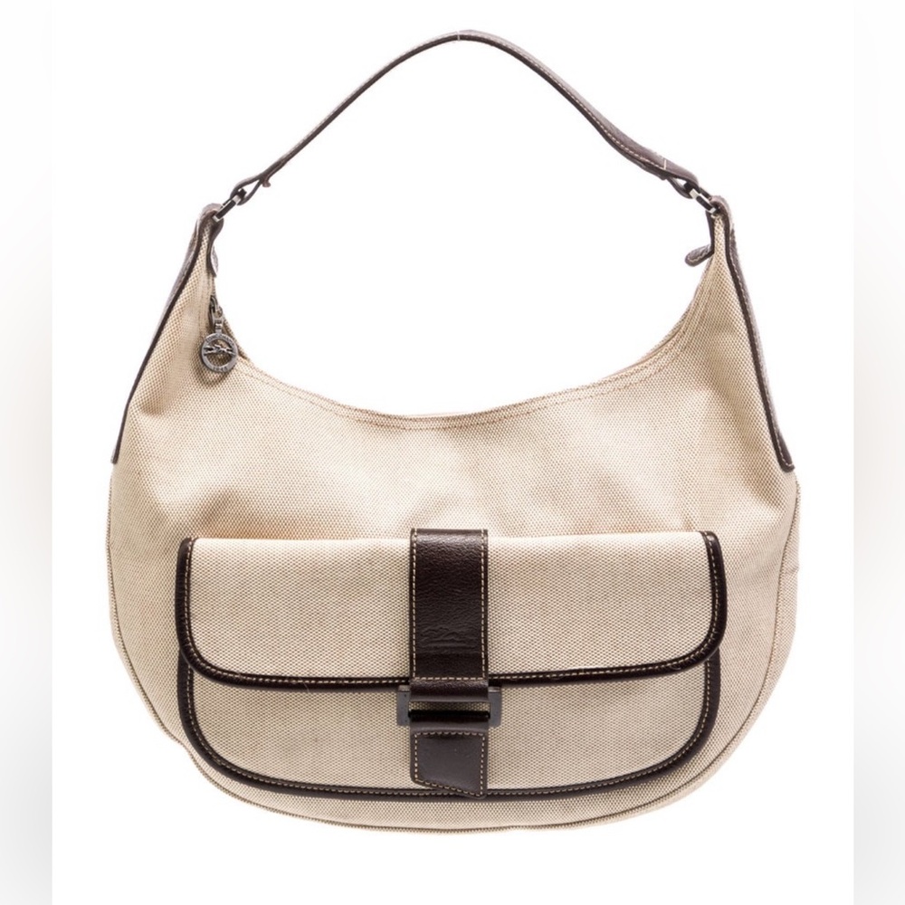 Longchamp Beige Canvas Hobo Bag with Black Trim